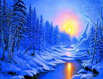 Полярная сова над рекой на фоне солнца