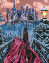 Девушка в вечернем платье на фоне сурового замка