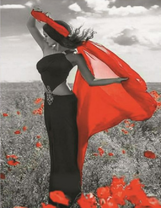 Девушка в поле маков с красной шалью