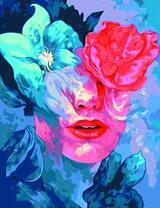 Девушка с голубым и розовым цветком