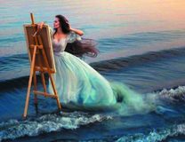 Девушка в море пишет море