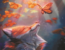 Довольная лиса среди бабочек