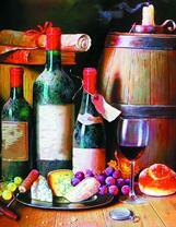 Красное вино с булочкой, сыром и виноградом