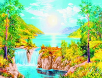 Озеро среди гор и небольшой водопад