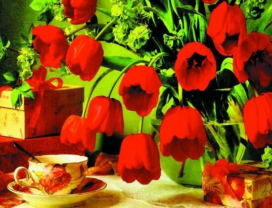 Алмазная мозаика 40x50 Букет красных тюльпанов и подарки