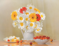 Букет гербер и черешня на столе