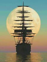 Корабль со спущенными парусами на фоне луны