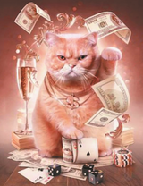 Рыжий кот среди денег, фишек и шампанского