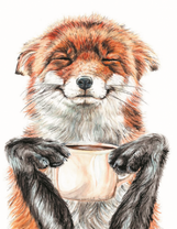 Довольная лиса с чашкой кофе