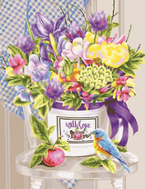 Синичка у ведёрка с летним букетом