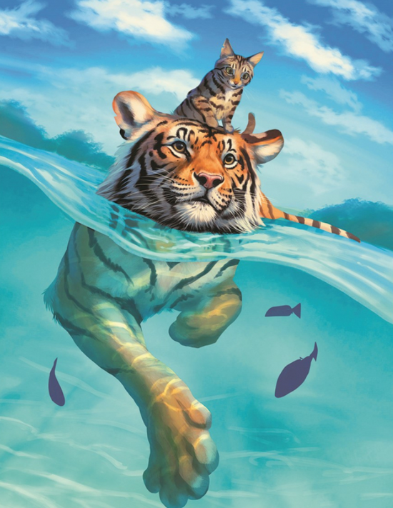 Алмазная мозаика 40x50 Тигр плывет с котом