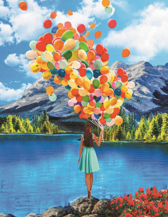 Алмазная мозаика 40x50 Девушка с тучкой воздушных шариков у озера