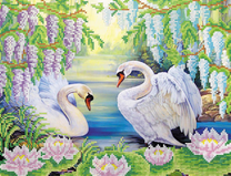 Лебеди под цветущими деревьями