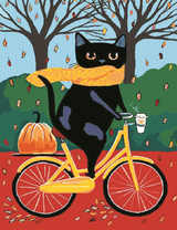 Черный кот с кофе на велосипеде