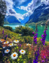 Луговые цветы с видом на горное озеро