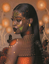 Темнокожая девушка с бабочками и орнаментами