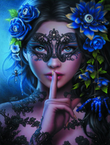 Девушка в ажурной маске и с синими цветами