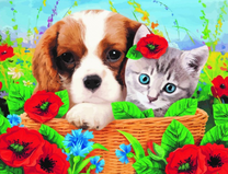 Щенок и котёнок в корзине среди маков