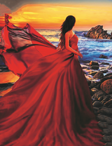 Девушка в вечернем платье у скалистого берега