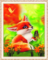 Лисёнок среди цветов и бабочек