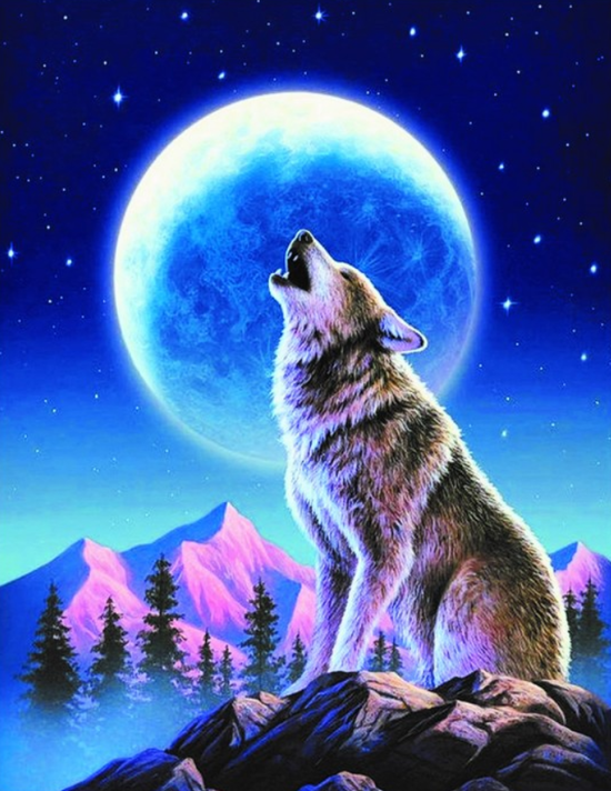 Алмазная мозаика 40x50 Волчий вой на фоне луны