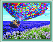 Домик на воздушных шариках над полем цветов