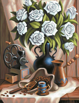 Букет белых роз и кофе