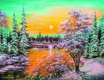 Солнце над рекой в зимнем лесу