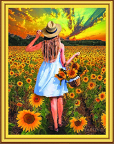 Девушка среди поля подсолнухов