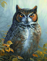Строгий филин среди осенних листьев