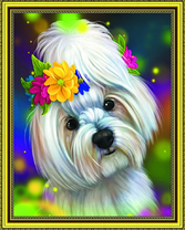 Белая болонка с цветочным веночком