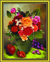 Фрукты и букет с розами в зеленой вазе