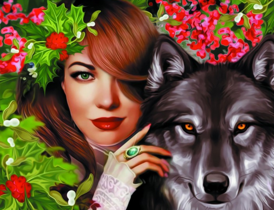Алмазная мозаика 40x50 Рыжеволосая дама и волчица