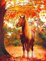 Длинногривый конь среди осенней листвы