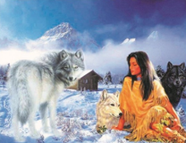 Девушка с волками на снегу