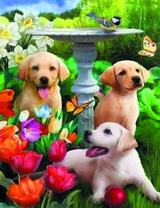 Довольные щенки в саду среди цветов