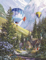 Полет воздушных шаров над домик среди гор