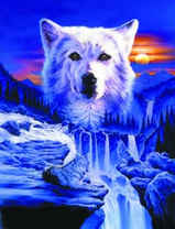 Дух белого волка над горным водопадом