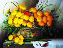 Корзина с желтыми одуванчиками