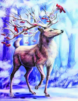 Олень с птицами и ягодами на рогах