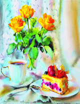 Желтые розы, чай и тортик