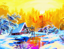 Зимний пейзаж у реки в лучах яркого солнца