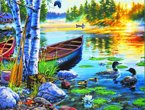 Утиное семейство на реке у лодок