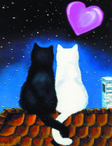 Черный кот и белая кошечка на крыше