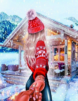 Девушка в красной шапке и свитере на фоне зимнего дома