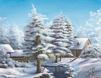 Красивый зимний пейзаж с домиком у реки