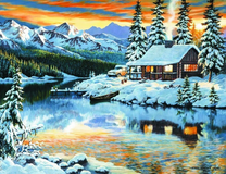 Заснеженный домик у горной реки