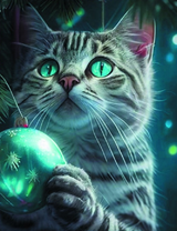 Зеленоглазый котёнок под Новогодней елкой