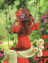 Девушка в шляпке на качели