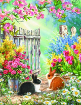 Два милых кролика в цветочном саду